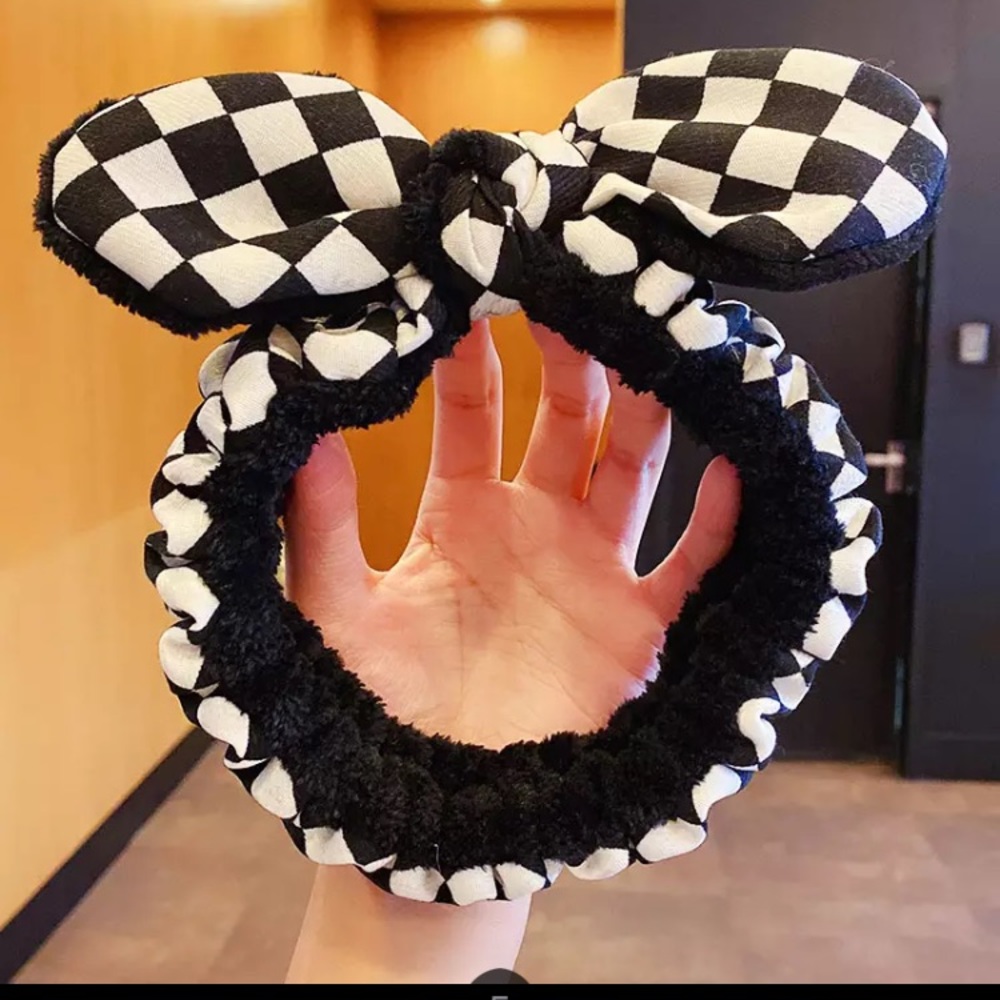 Checkered Headband wash face Bow Fleece